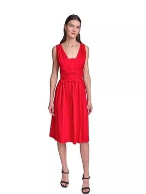 Karl Lagerfeld Red Sleeveless Midi Dress with Waist Tie